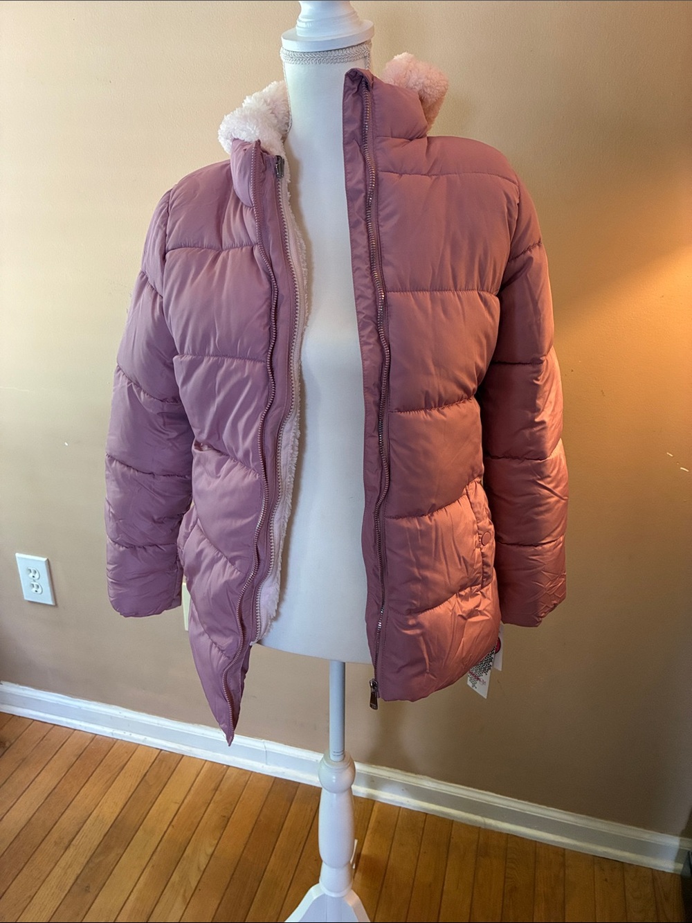 Kensie Girl Dusty Rose Puffer Coat with Sherpa Collar